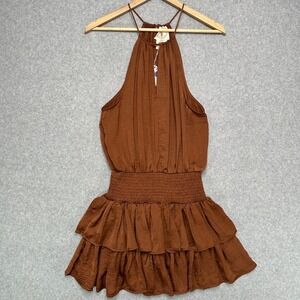 Muche & Muchette Waltz Tiered Ruffles Dress Brown Halter Smocked Mini One Size